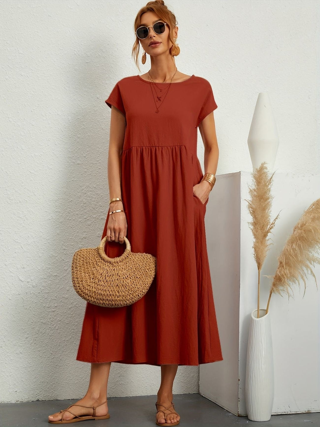 Lena | Round Neck Gathered Waist Short Sleeve Maxi Dress