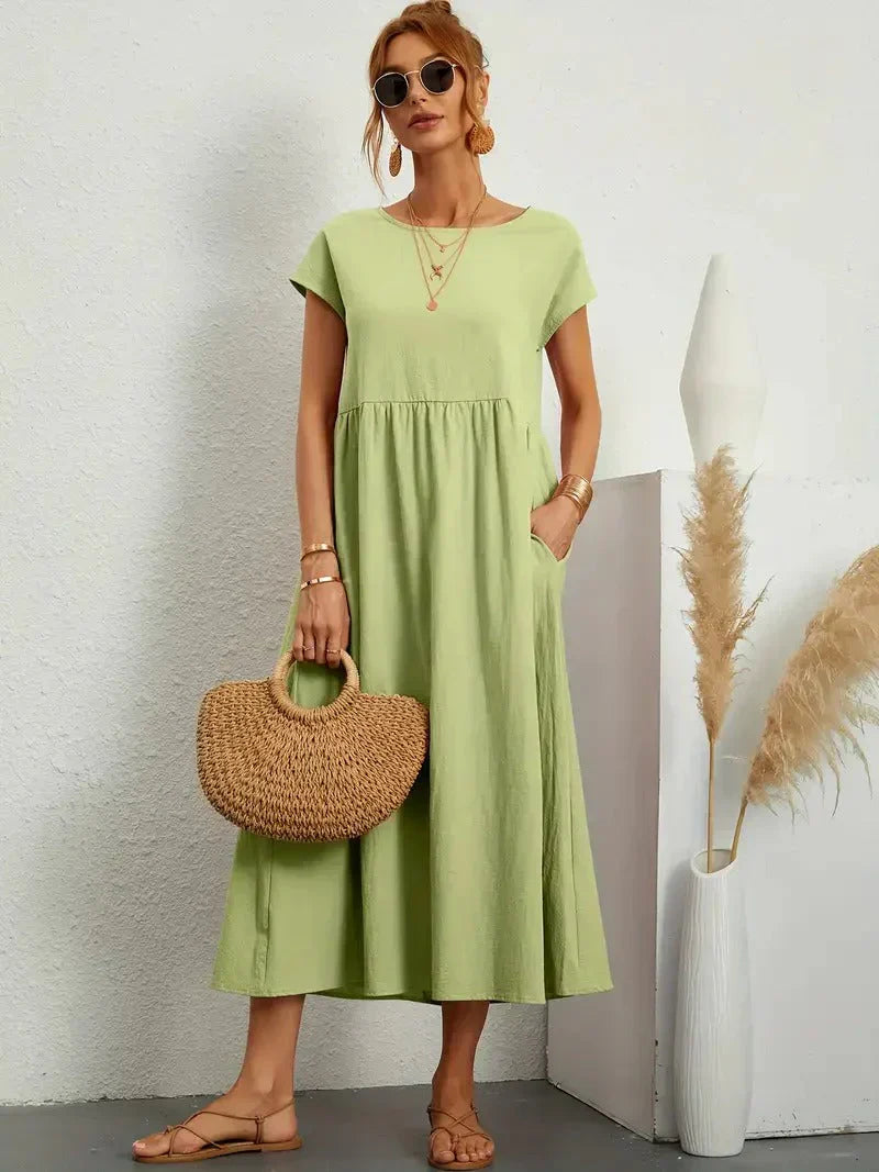 Lena | Round Neck Gathered Waist Short Sleeve Maxi Dress