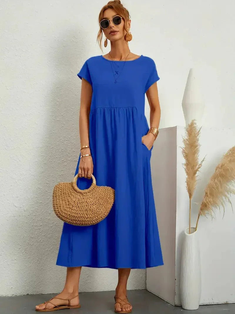 Lena | Round Neck Gathered Waist Short Sleeve Maxi Dress
