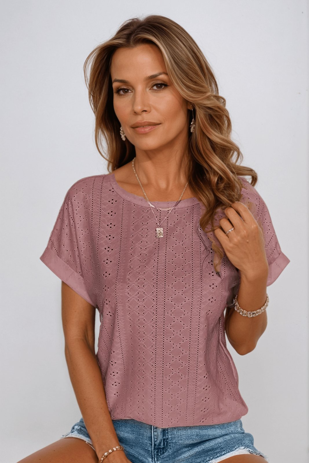 Nora | Round Neck Short Sleeve Eyelet Knit Top