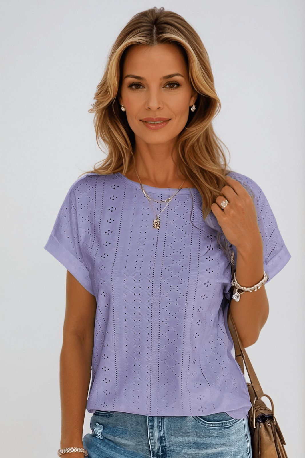 Nora | Round Neck Short Sleeve Eyelet Knit Top