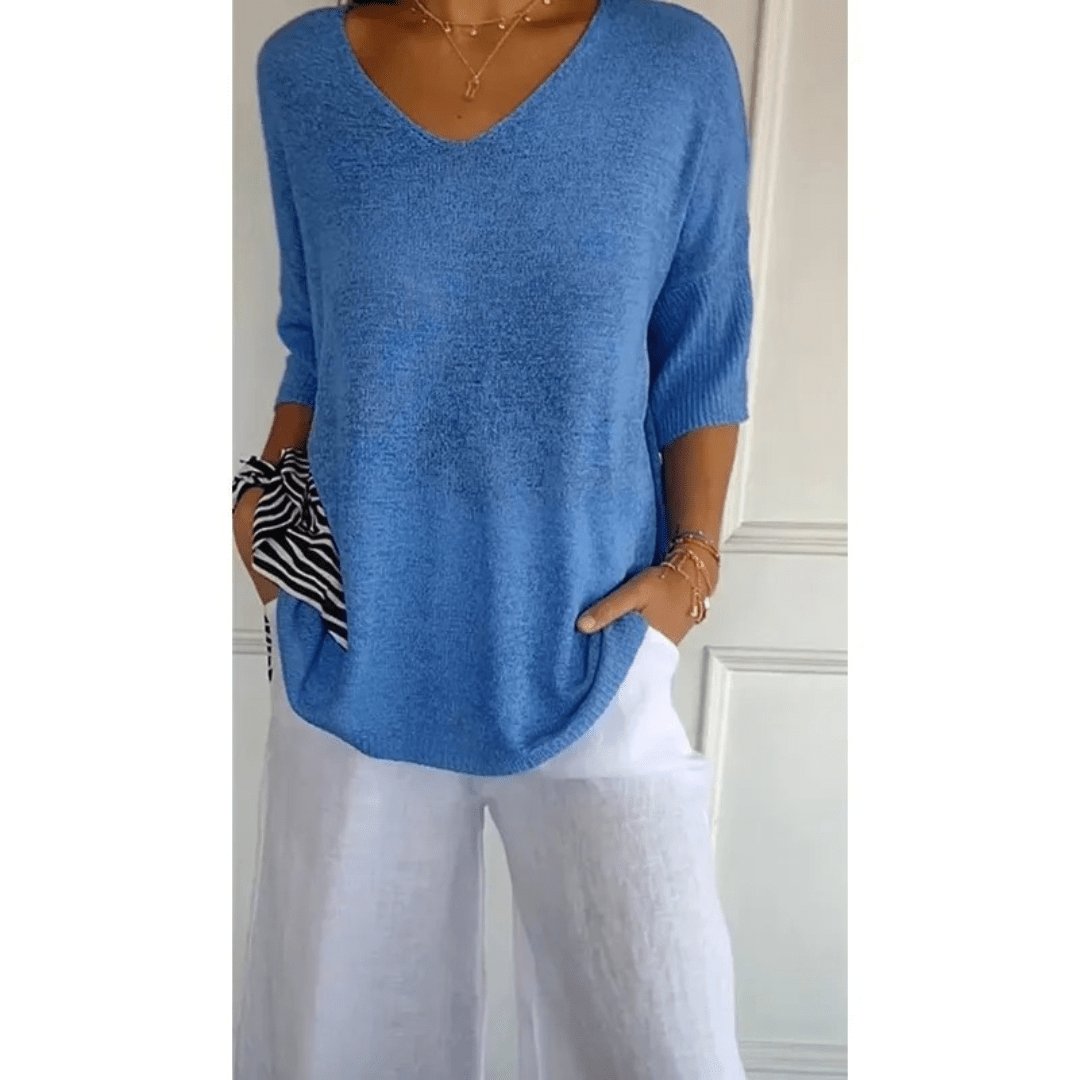Maya | V-Neck Three-Quarter Sleeve Relaxed Knit Top