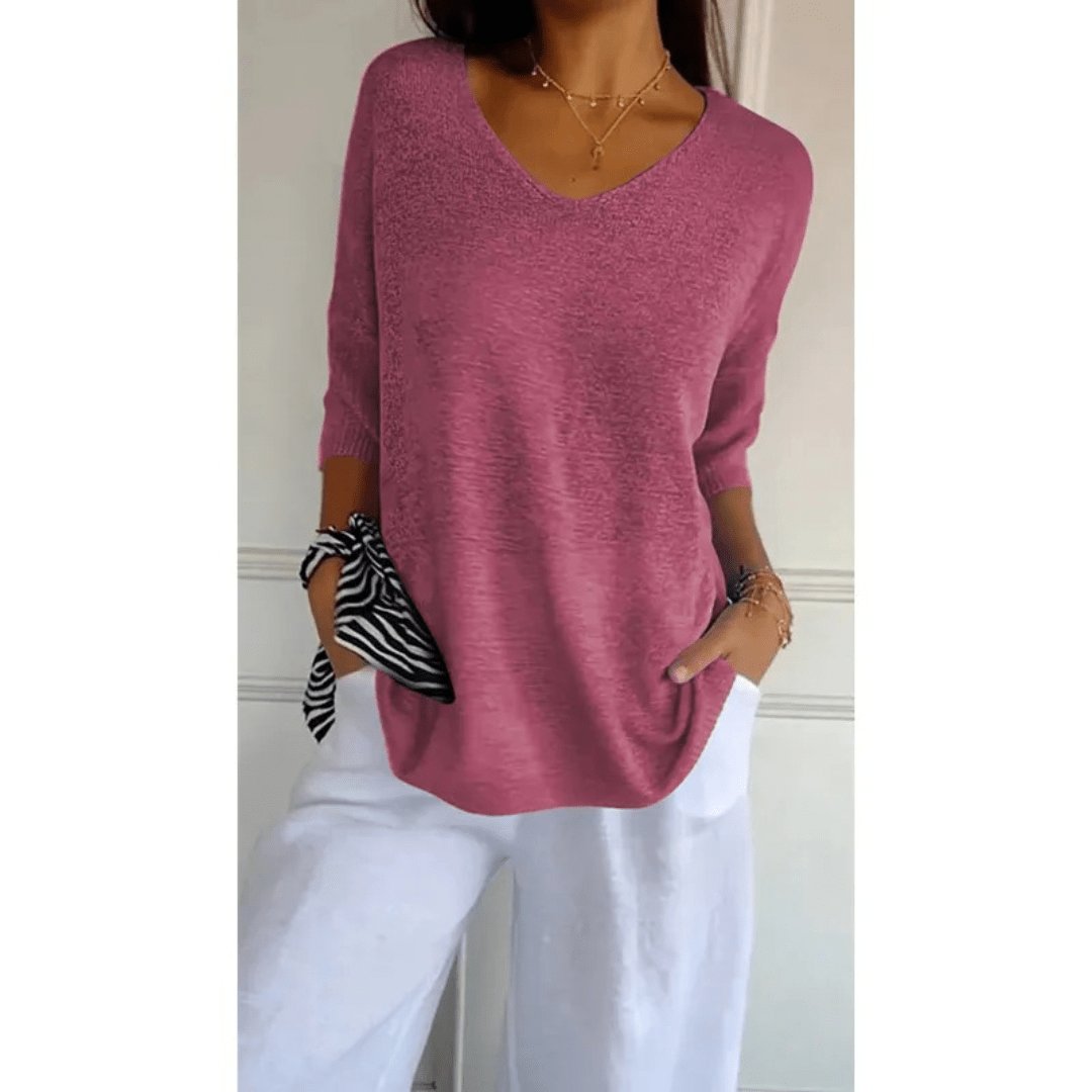 Maya | V-Neck Three-Quarter Sleeve Relaxed Knit Top
