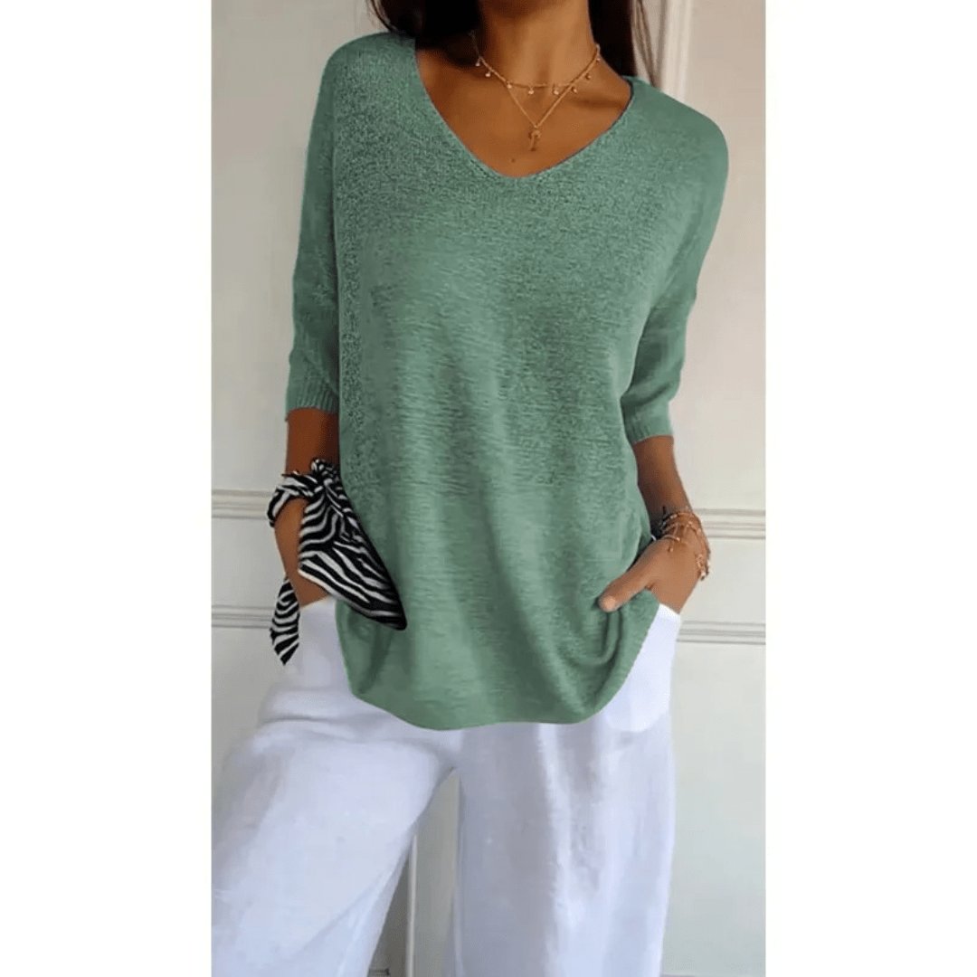 Maya | V-Neck Three-Quarter Sleeve Relaxed Knit Top