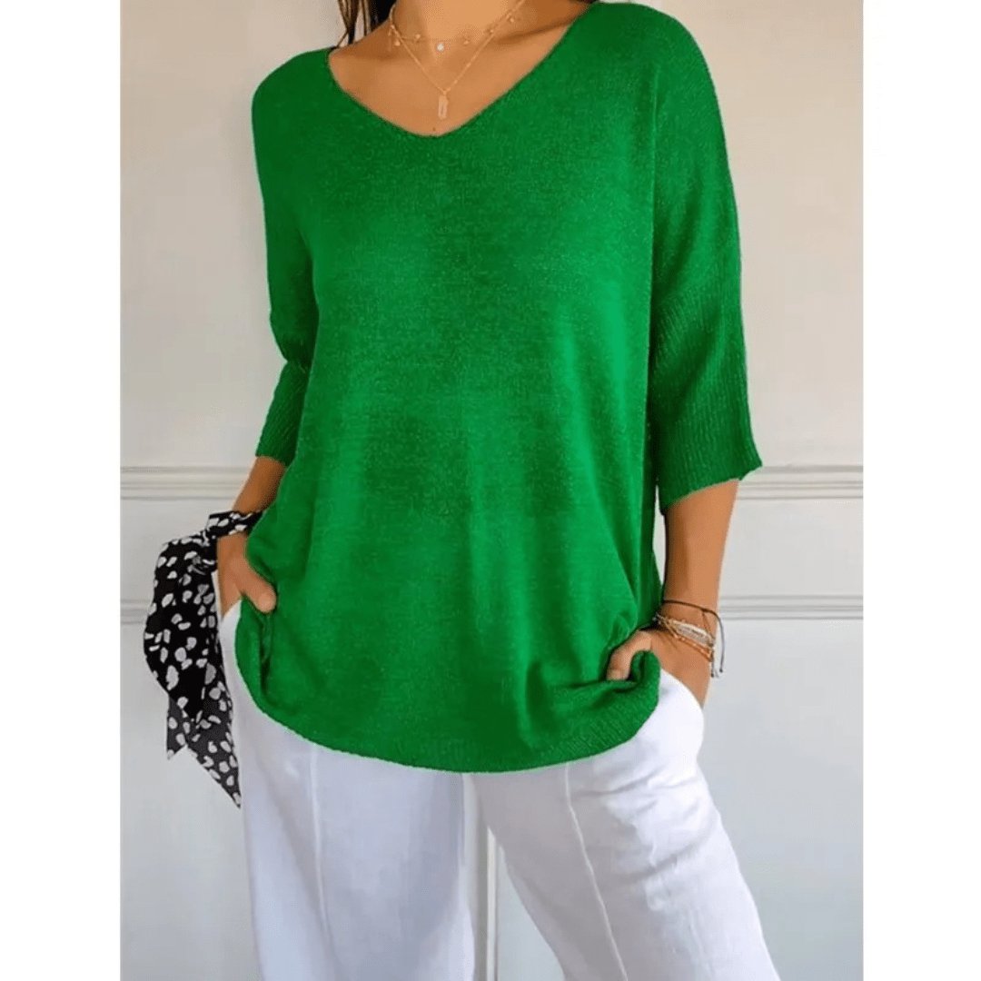 Maya | V-Neck Three-Quarter Sleeve Relaxed Knit Top