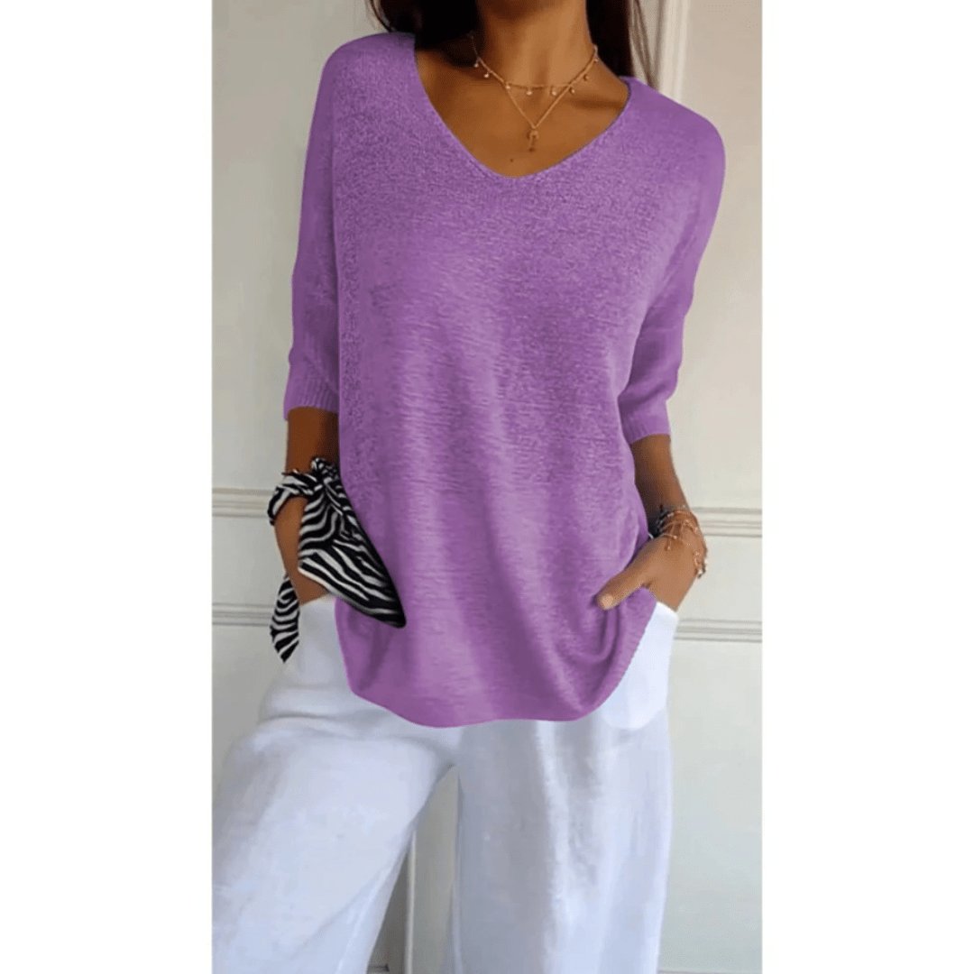 Maya | V-Neck Three-Quarter Sleeve Relaxed Knit Top