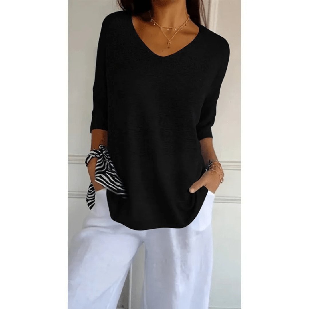 Maya | V-Neck Three-Quarter Sleeve Relaxed Knit Top