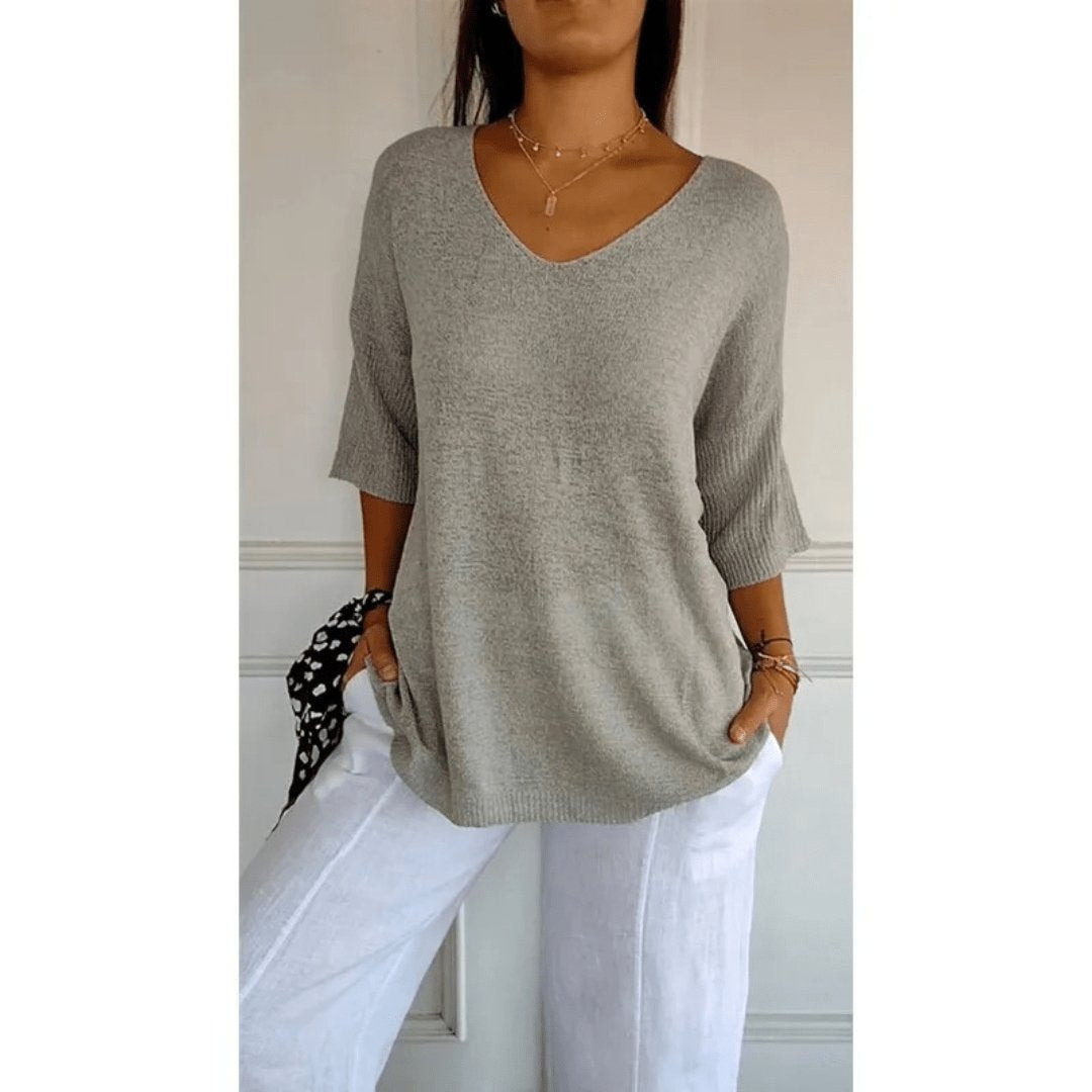 Maya | V-Neck Three-Quarter Sleeve Relaxed Knit Top